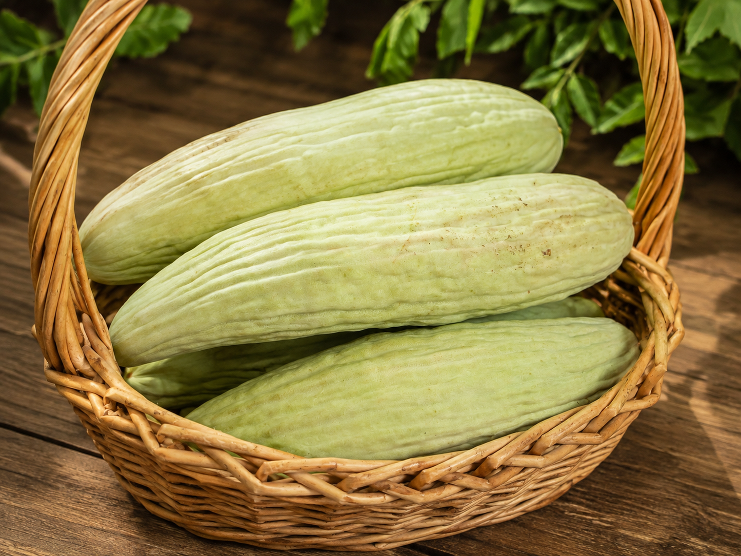 Homegrown Armenian cucumbers growing in the Four Little Acres garden