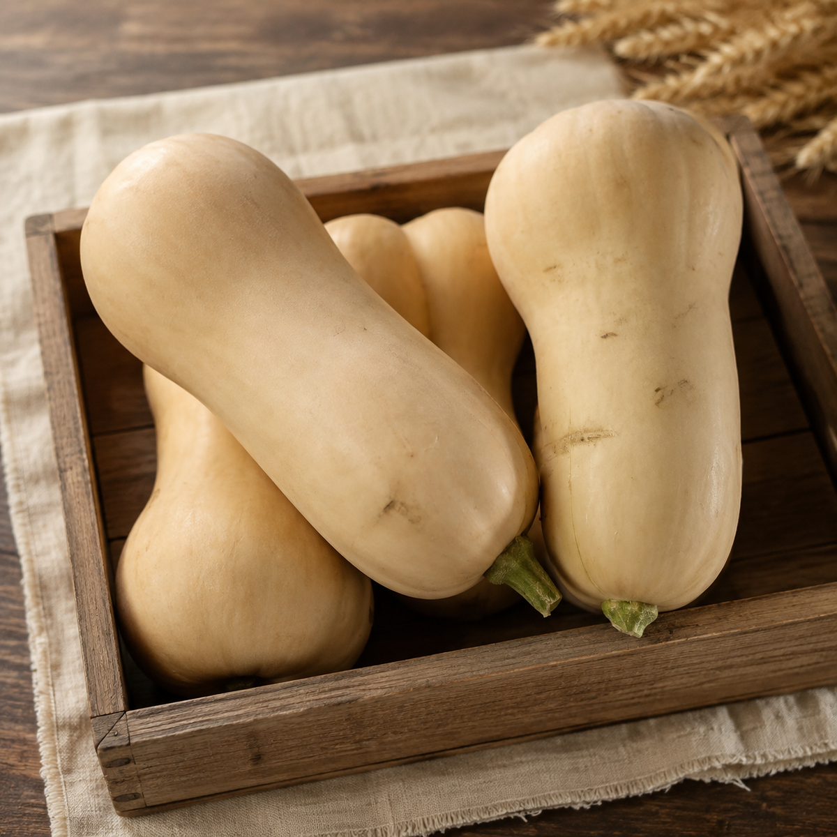 Homegrown butternut squash arranged in a rustic wooden crate at Four Little Acres.