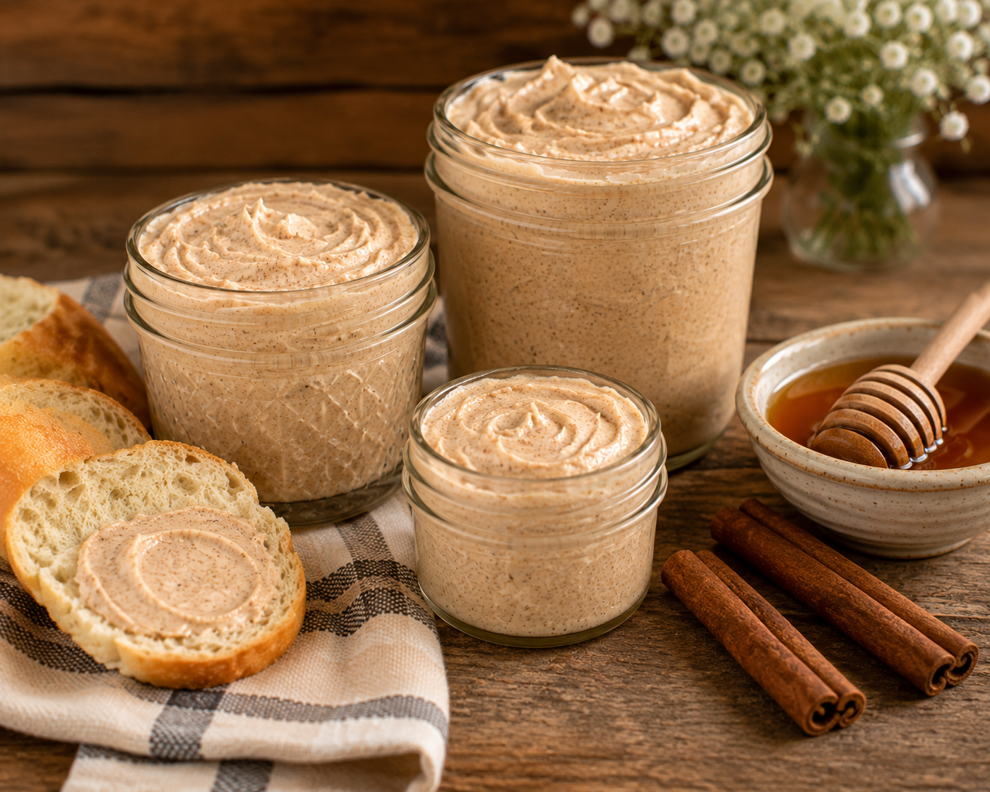 Homemade cinnamon honey butter served with fresh bread, honey, and cinnamon sticks on a rustic farmhouse table.
