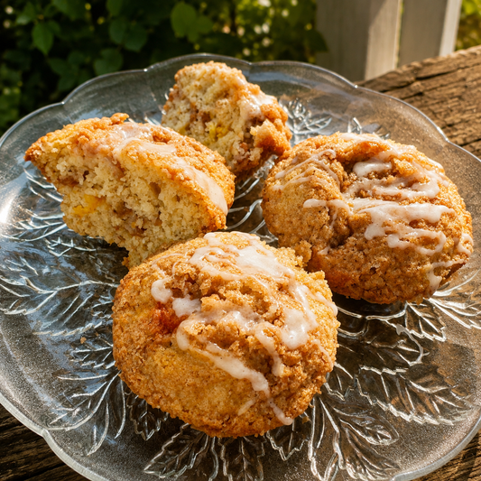 Homemade Peach Cobbler Crumble Muffins with sweet peaches, cinnamon crumble topping, and a light glaze.