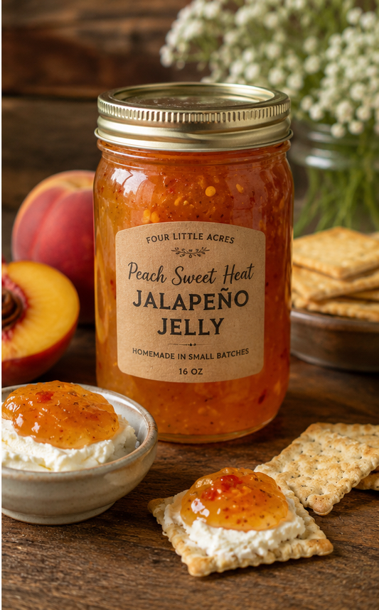 Peach Sweet Heat Jalapeño Jelly served with cream cheese and crackers