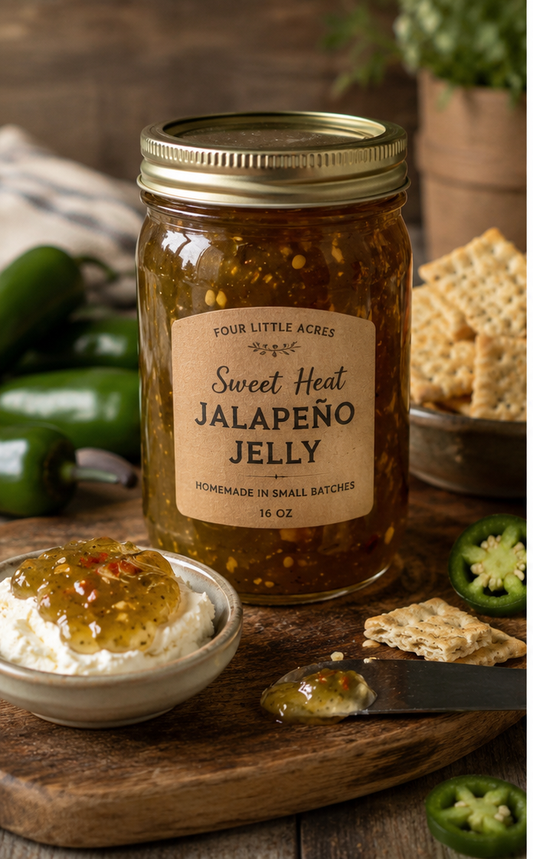 Homemade Sweet Heat Jalapeño Jelly  served with crackers and cream cheese on a rustic farmhouse table.