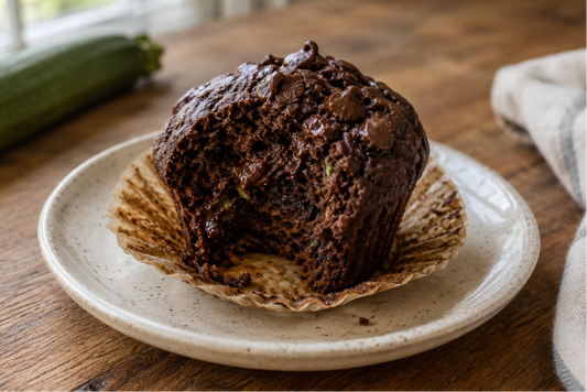 Double chocolate zucchini mini muffin with a bite taken out, showing a moist chocolate center with melted chocolate chips.