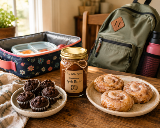 Four Little Acres Back-to-School Porch Box with double chocolate zucchini mini muffins, Harvest Honey Buns, and homemade apple butter beside a lunch box and backpack.