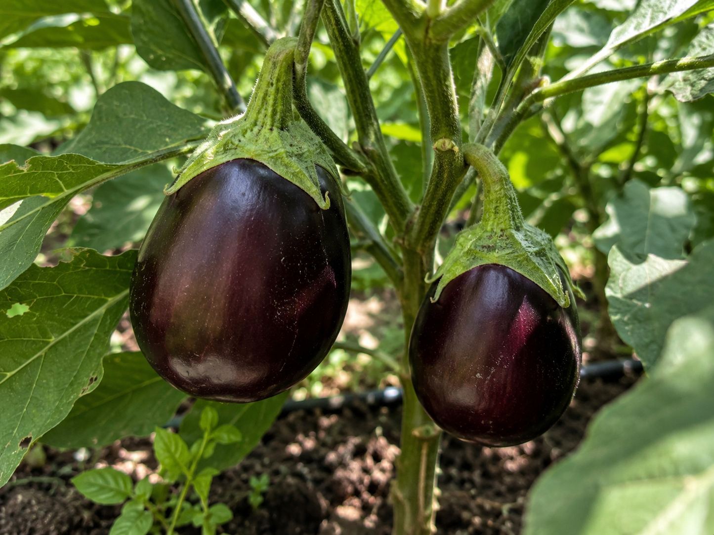 Homegrown eggplant growing on the plant in the Four Little Acres garden