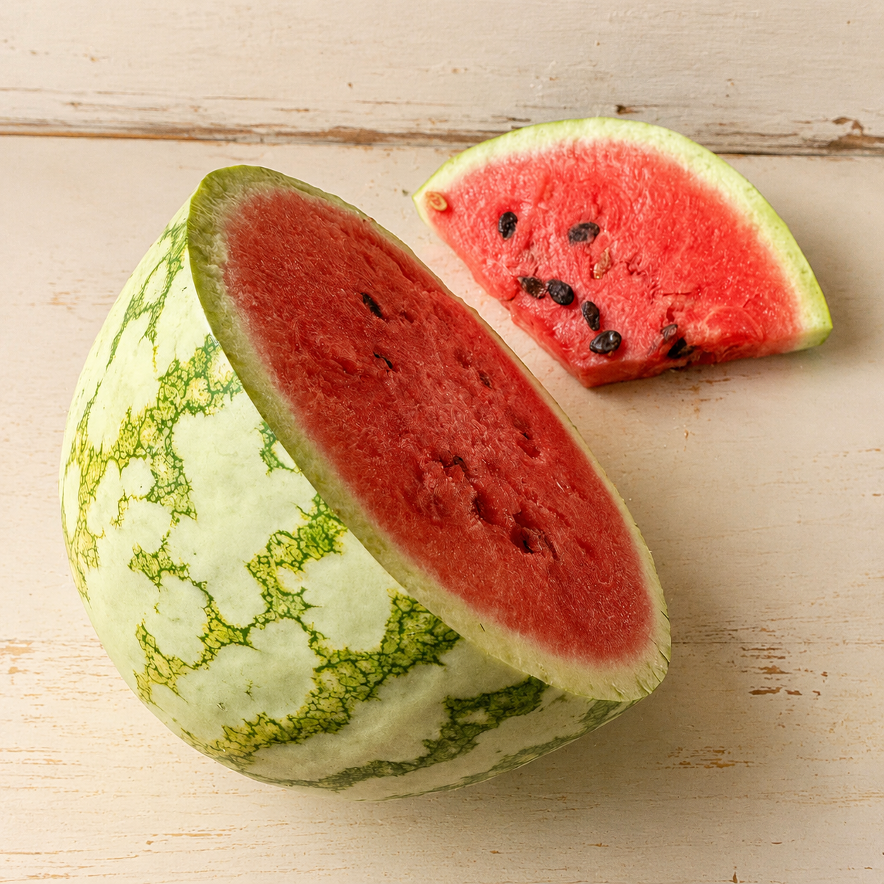 Fresh garden-grown watermelon cut open to show the red fruit inside
