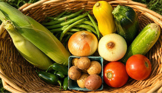 Harvest Porch Box filled with an assortment of fresh seasonal garden vegetables from Four Little Acres.
