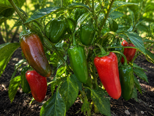 Homegrown jalapeño peppers ripening from green to red on the plant in the Four Little Acres garden