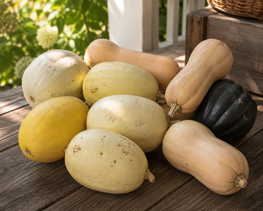 Fresh assorted winter squash harvested from the Four Little Acres garden
