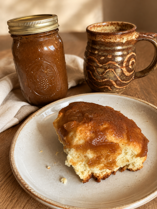 Homemade apple butter in an 8 oz mason jar served with a warm biscuit spread with apple butter.