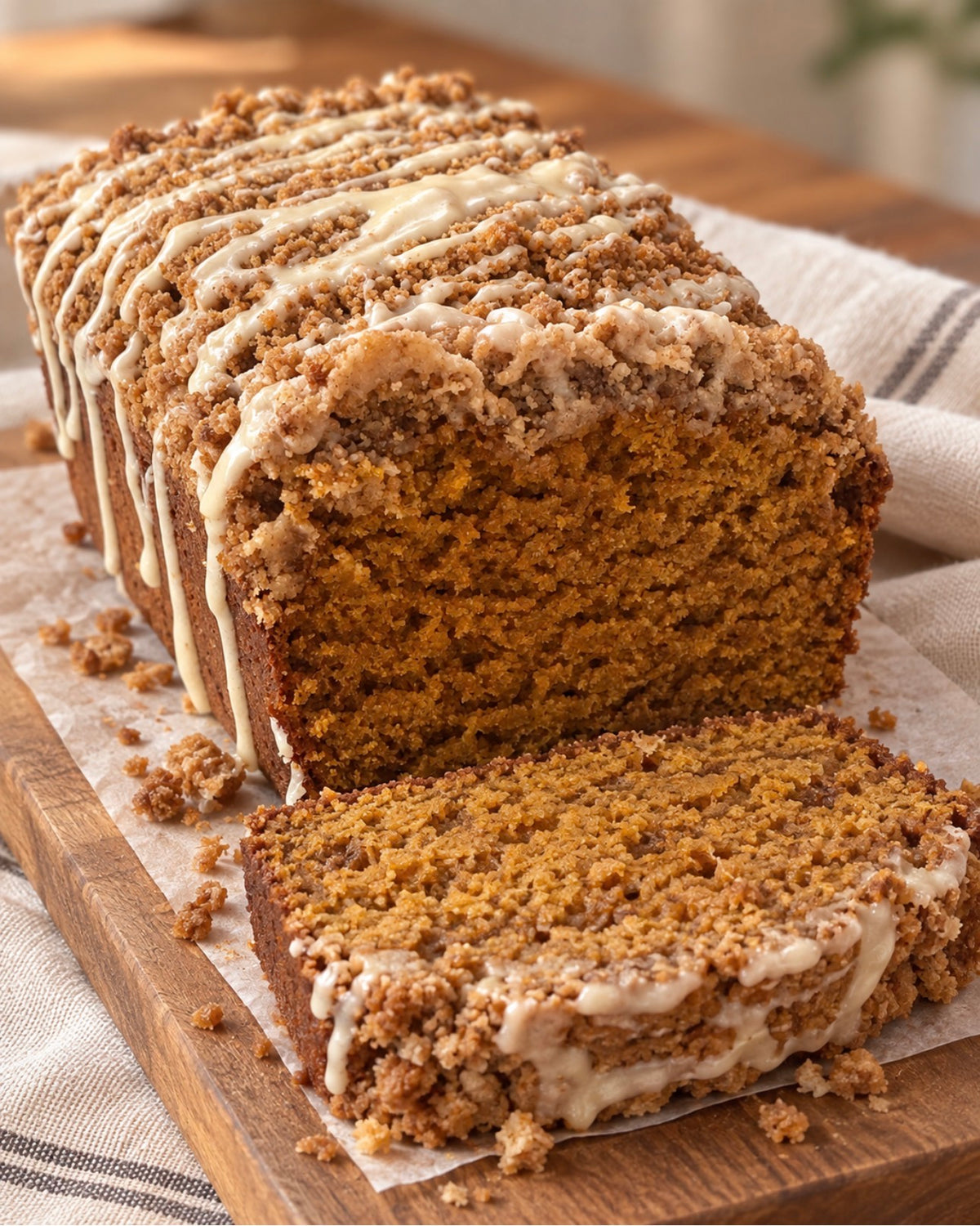 Maple Crumble Pumpkin Loaf topped with brown sugar crumble and maple drizzle from Four Little Acres